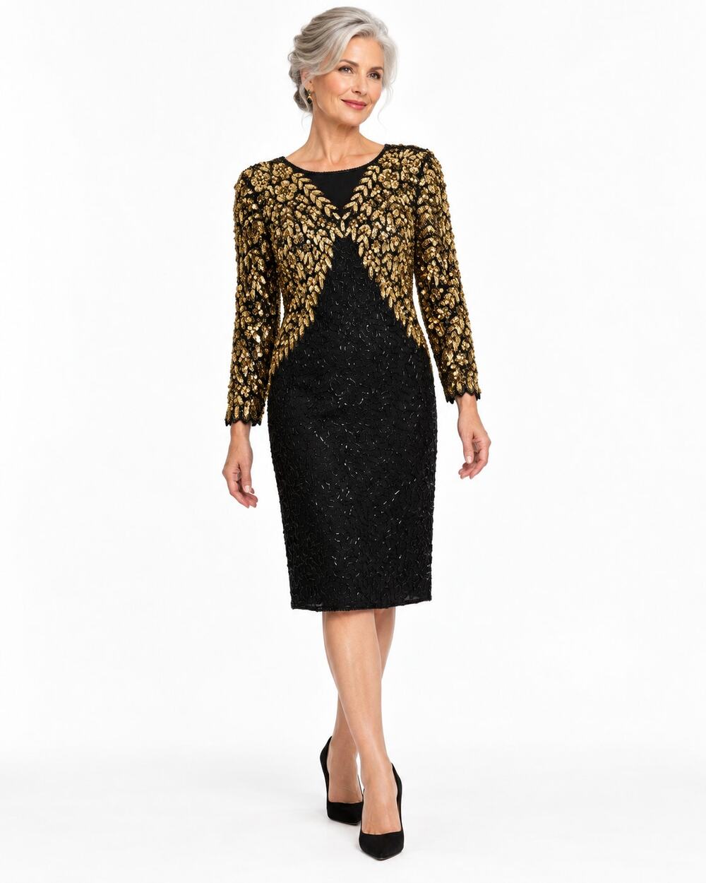 Vintage 1980s Black Gold Sequin Beaded Cocktail Dress US 10